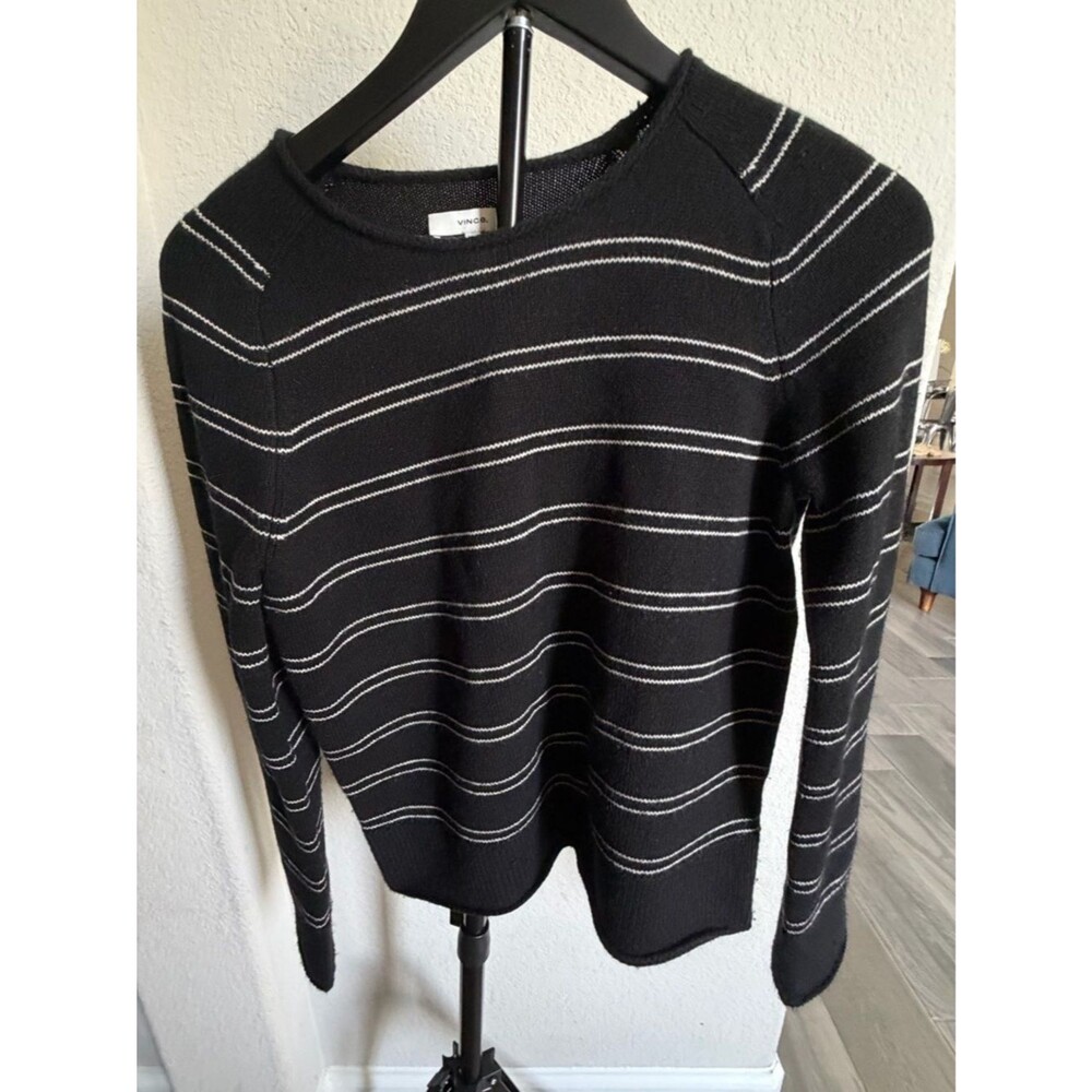 Vince Black Crewneck Cashmere and Wool Sweater with White Double Stripes XS